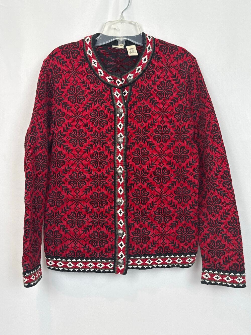 L.L.Bean Fair Isle Cardigan Large Red Black Cotton Concho Button Detail